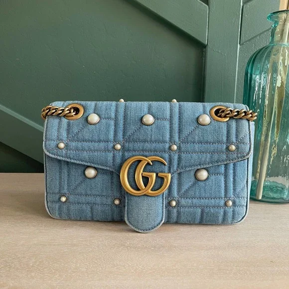 ❌SOLD❌Gucci GG Marmont Denim Pearl Small Flap Bag - Picture 3 of 14